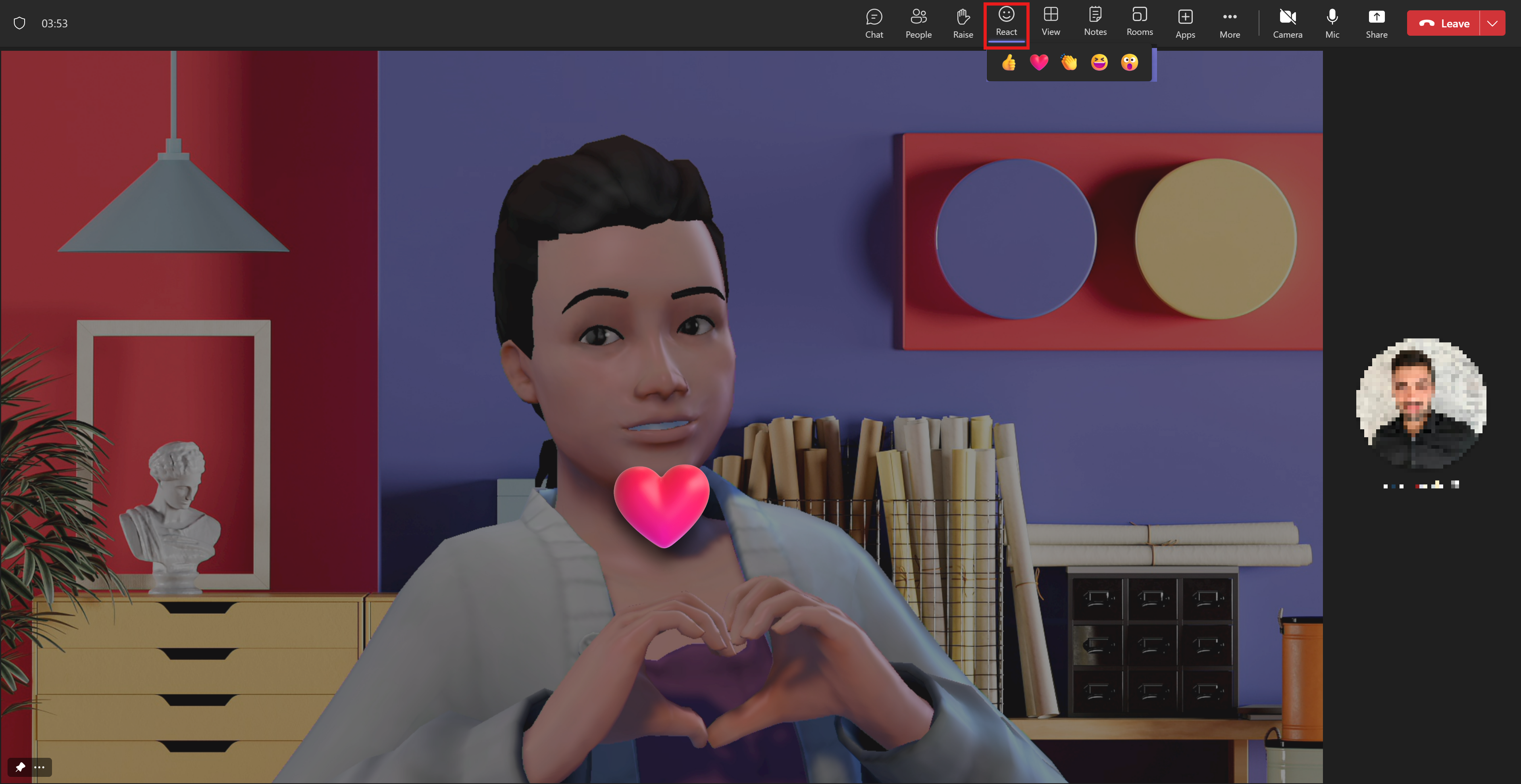 An avatar shows her love by making a heart with her hands