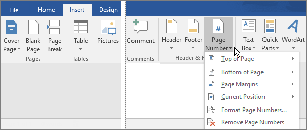 To add page numbers, choose the Insert tab, and then select Page Number.