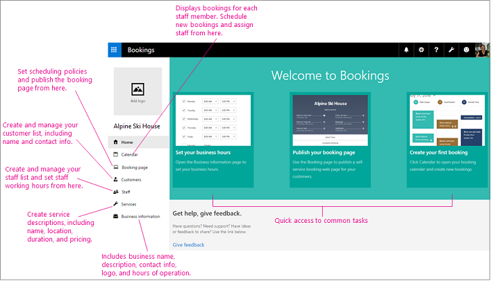 Home page of the bookings screen with logo space and left nav bar highlighted