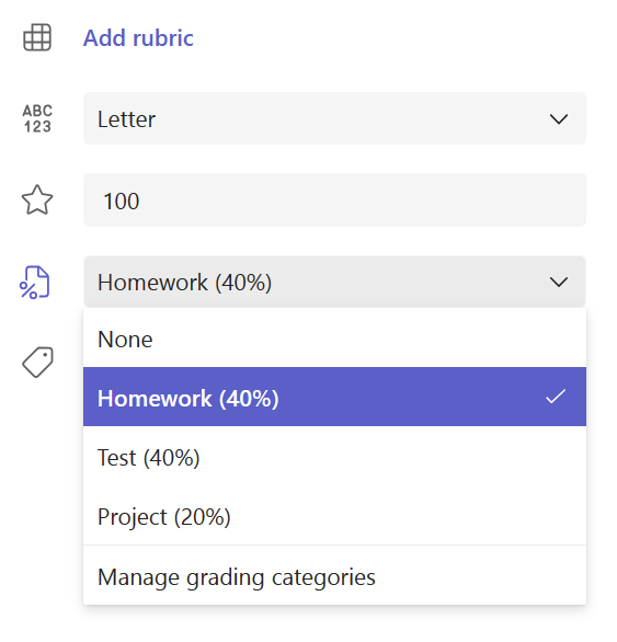 Grading Pane in Assignments, showing the Grading Categories expanded