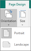 Page Design tab with Orientation selected and options of Portrait or Landscape.