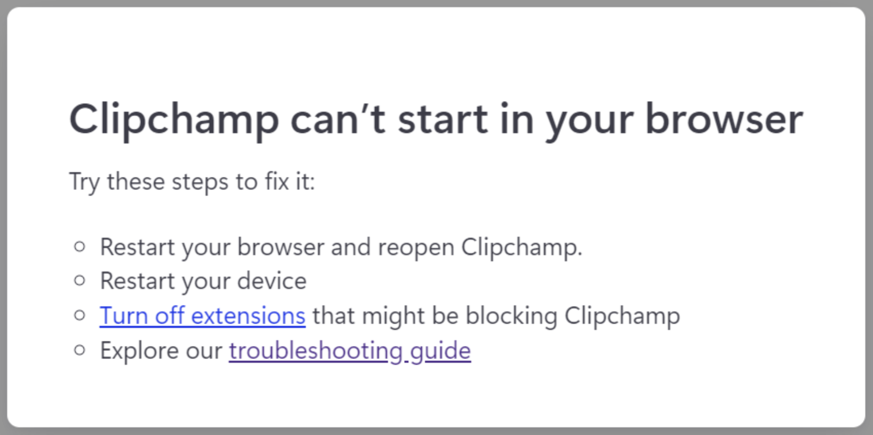 Clipchamp error message - hardware unsupported
