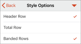 Table header menu in PowerPoint for iOS.