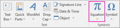 The Equation option is highlighted on the Insert tab