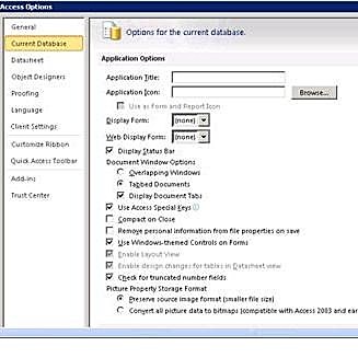 access options dialog box with focus on the current database options