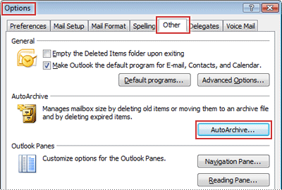 AutoArchive in the Tools Options dialog box