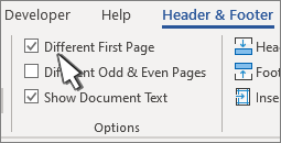 Header ribbon options with Different first page selected