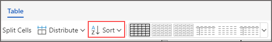 Table tab with the Sort option highlighted.