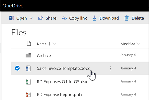 OneDrive with file selected