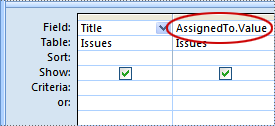 Query grid showing Title and AssignedTo.Value