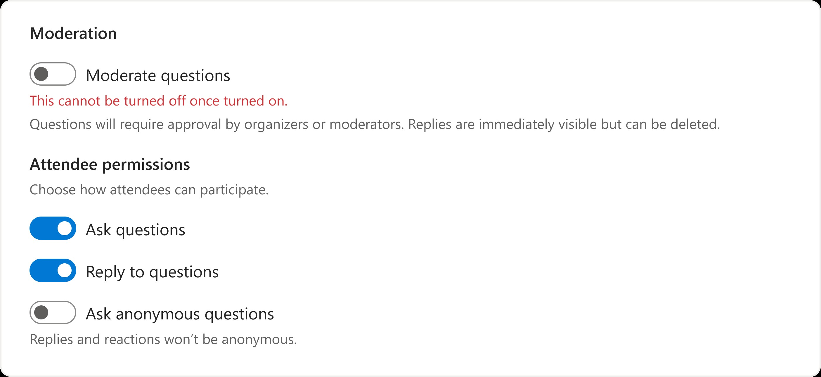 Screenshot shows settings for moderating questions and audience participation.