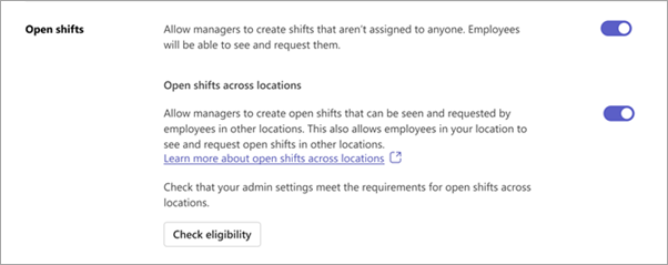 Screenshot of open shifts options in Shifts settings.