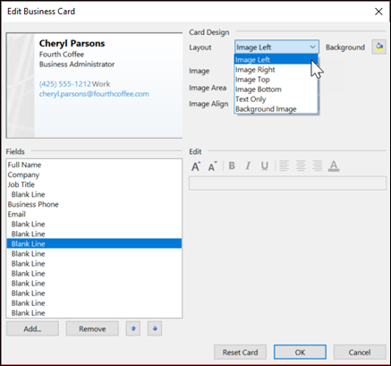 You can select several different default layouts for your business card.