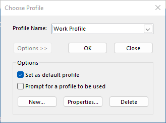 Choose profile dialog box with the name of the new profile. Set as default profile option is selected.
