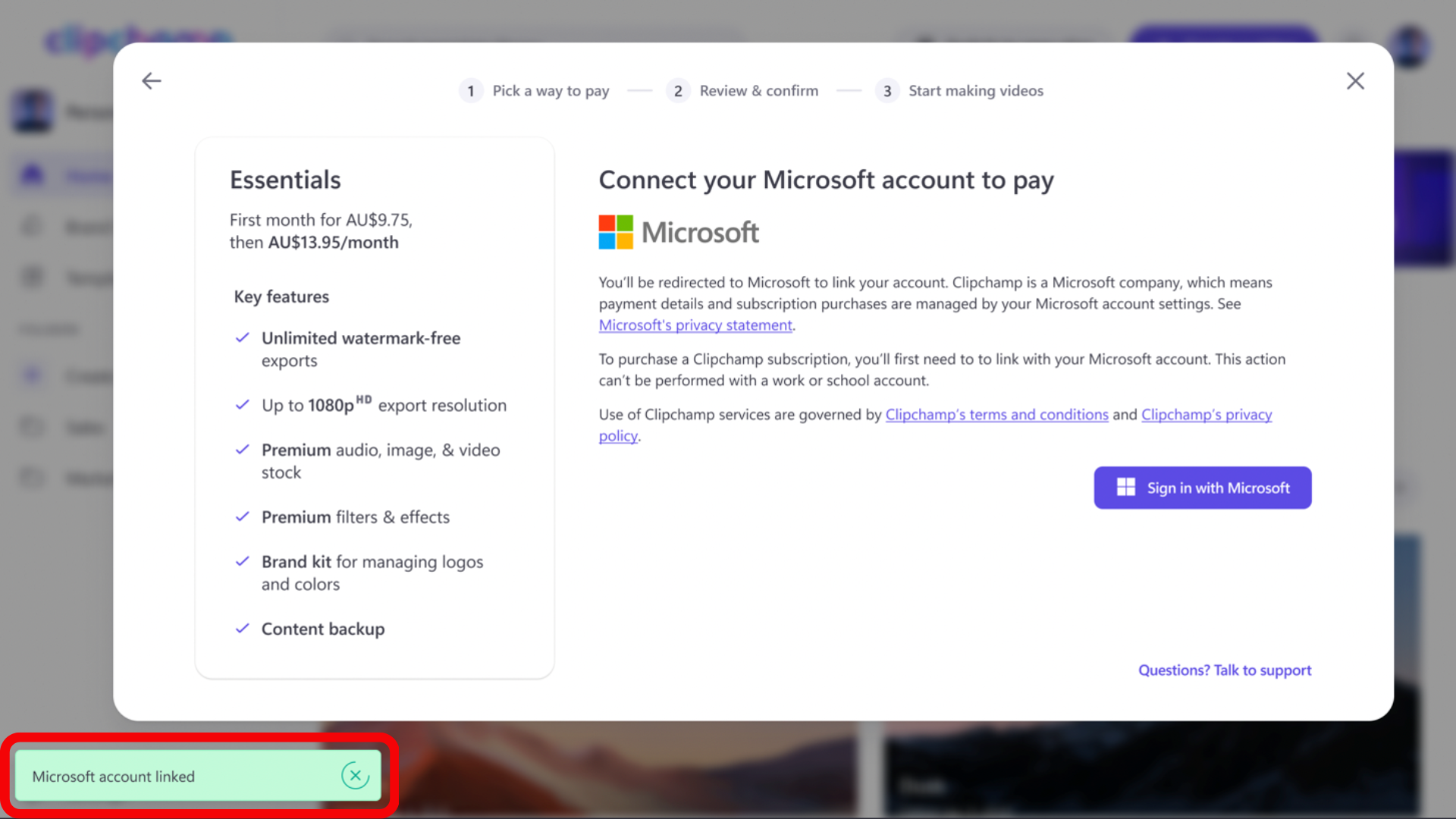Microsoft account linked successfully popup