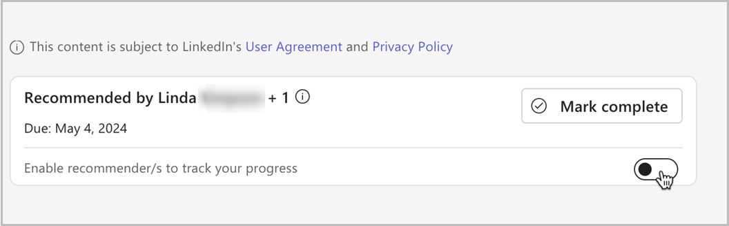 A screenshot within a course in which you can enable a toggle to allow recommenders to track your progress in that course.