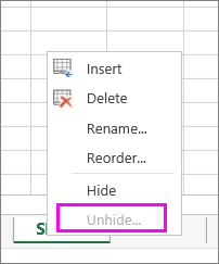 UnHide option is grayed out indicating no hidden worksheets