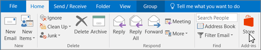 Screenshot shows the Home tab in Outlook with the cursor pointing to the Store icon in the Add-ins group.