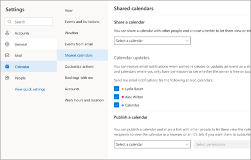 Screenshot of Calendar updates section with selections to receive calendar updates