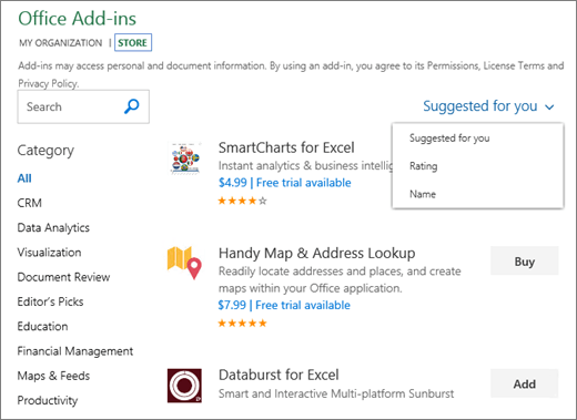 Screenshot of the Store section of the Office Add-ins page, where you can browse for an add-in by its rating, name, or use the "Suggested for you" option. You can also use the Search box to find an add-in.
