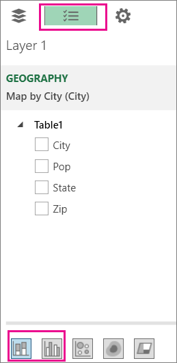 Stacked and Clustered column chart icons on Field List tab