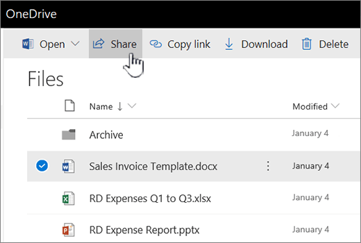 OneDrive with file selected and Share button being pushed