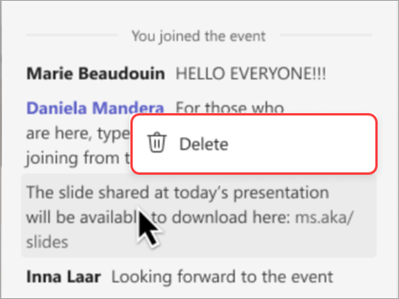 Screenshot showing how to delete a message from a town hall chat.