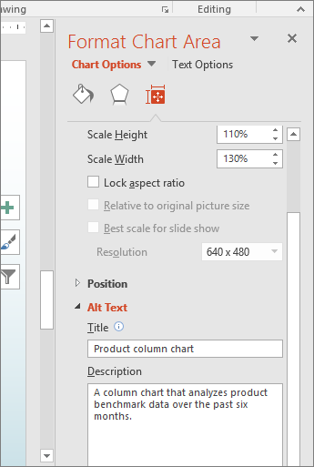 Screenshot of the Format Chart Area pane with the Alt Text boxes describing the selected chart