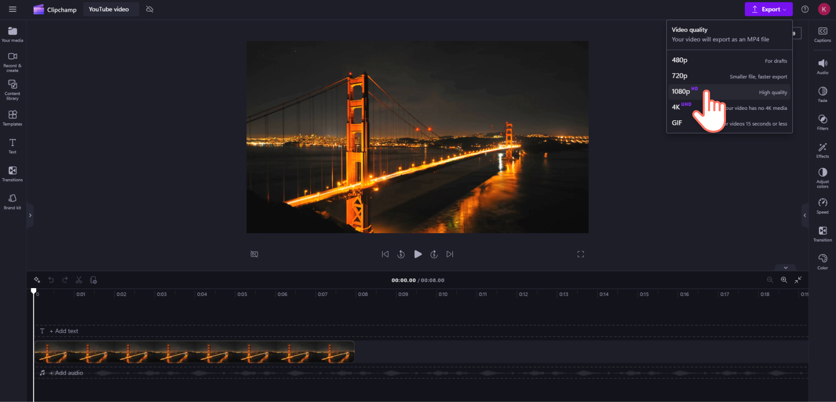 A screenshot of a Clipchamp user exporting a video in 1080p.