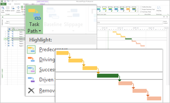 Task Path menu and Gantt bars with task paths highlighted