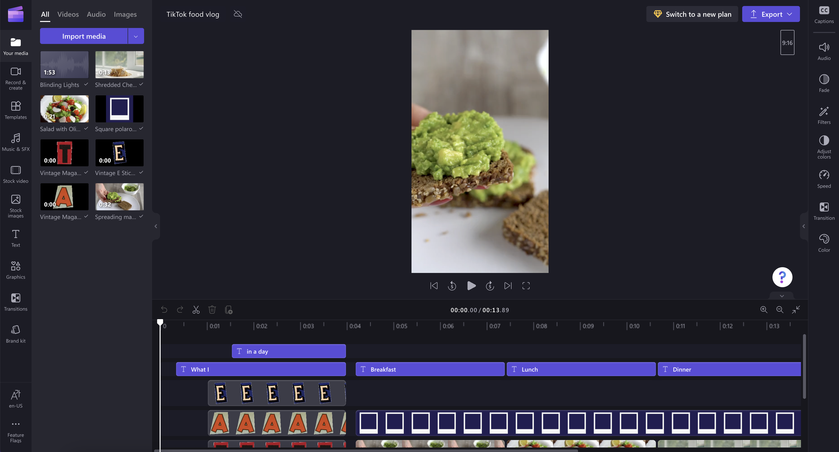 An image of a TikTok template open in the editor.
