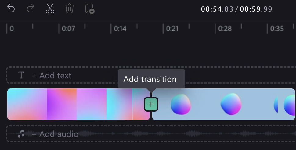 An image of transition plus button in Clipchamp