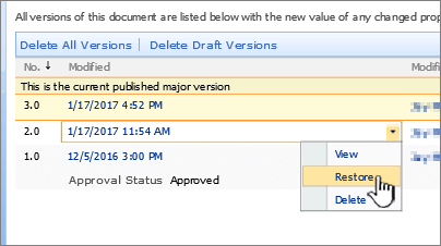 Versioning drop down on file with restore highlighted