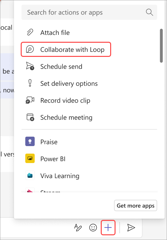 Screenshot showing how to access Loop from chat or channel compose