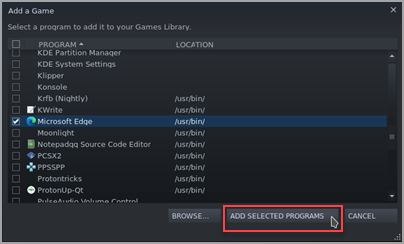 Finding and checking Microsoft Edge in the Steam Add A Game list.