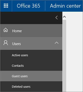 Screenshot shows the guest users option selected from the Users section of the Office 365 admin center.
