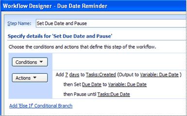 Third page of Workflow Designer with Pause Until Date action