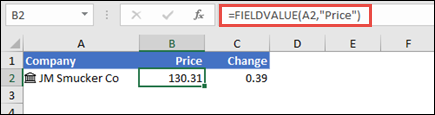 Retrieve a company stock price with =FIELDVALUE(A2,"Price")