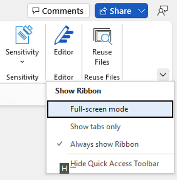 Keyboard command to hide the Quick Access Toolbar