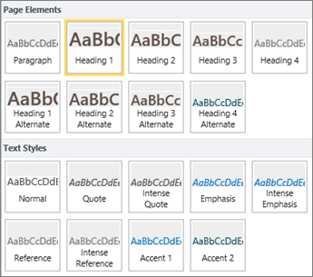 Screenshot of Page Elements and Text Styles are available from the Styles group on the SharePoint Online ribbon.