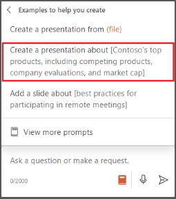 Screenshot of the prompt menu in Copilot in PowerPoint with the Create a presentation about option highlighted