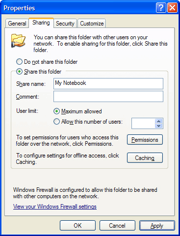 Folder properties dialog box on a Windows XP business network