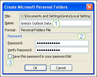 Create Microsoft Personal Folders dialog box