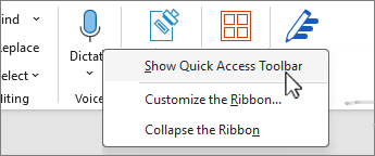 Show Quick Access Toolbar selected on menu