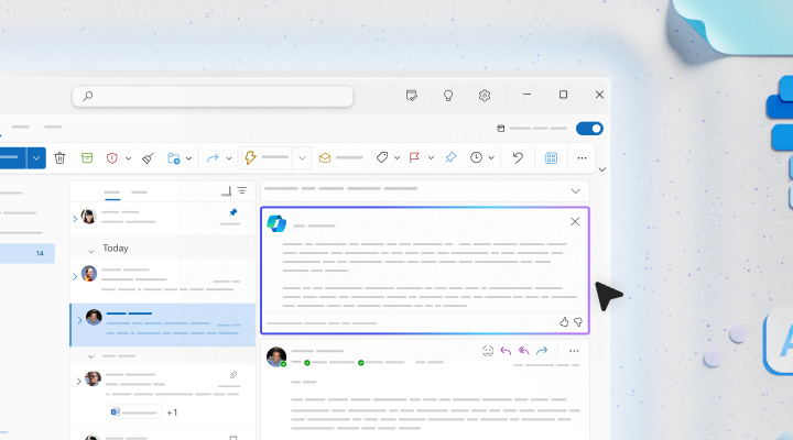 Graphic image shows Microsoft 365 Copilot in Outlook user interfaces.