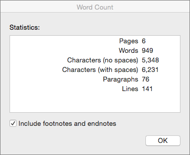 Word count dialog box
