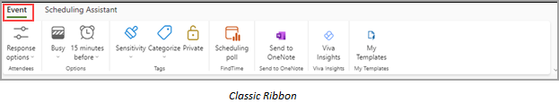 Classic Ribbon view with event tab outlined in red on the upper left.