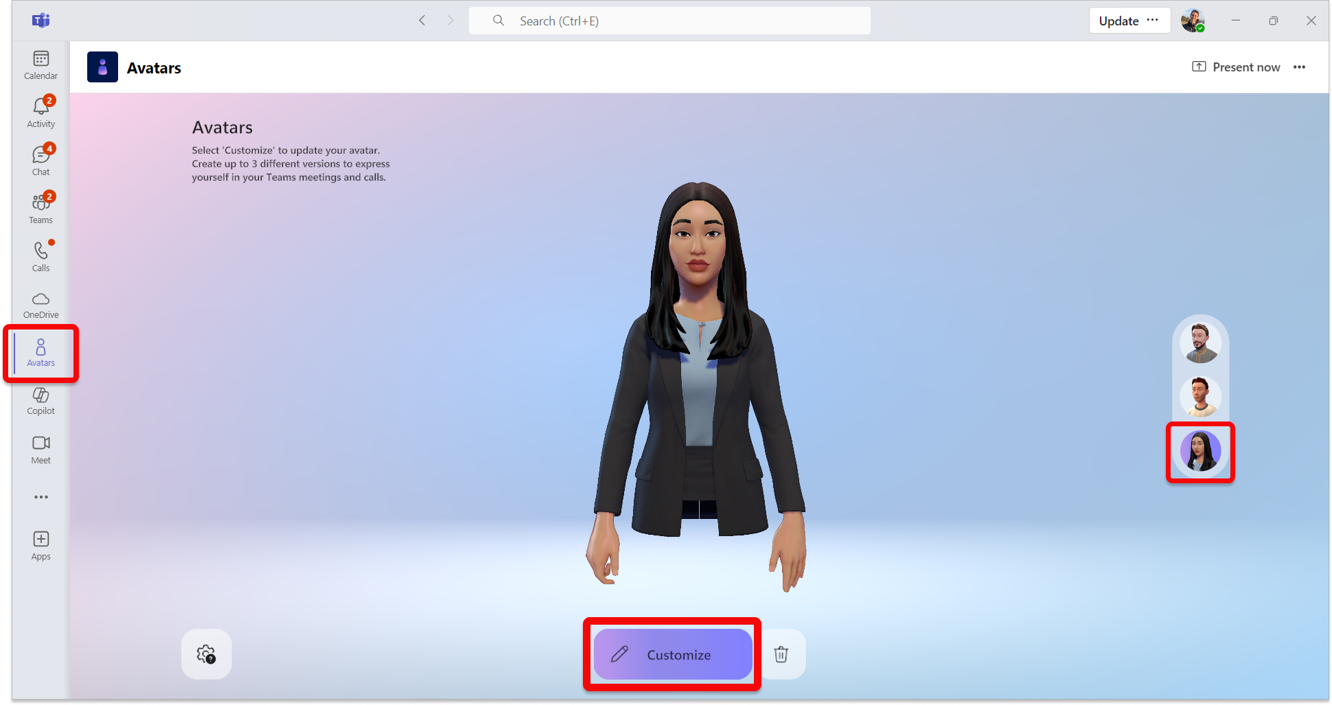 Screenshot of avatars app in Teams showing the app open with the customize button highlighted to indicate how to begin the customization process.