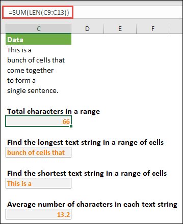 Count the total number of characters in a range, and other arrays for working with text strings
