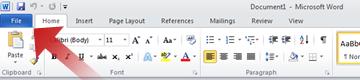 Arrow pointing to File tab in Word